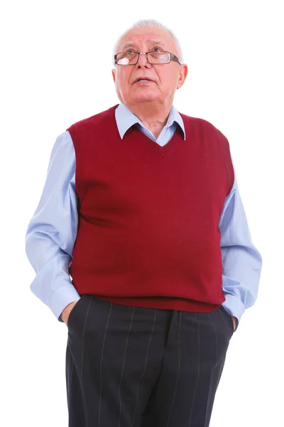 Portrait Thinking Senior Old Teacher Man Glasses Holds Hands Pockets — Stock Photo, Image