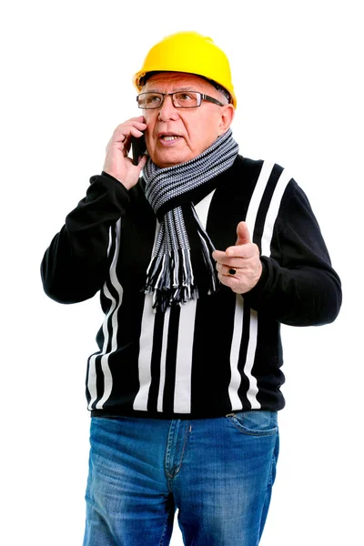Senior Operaio Edile Parlando Sul Telefono Cellulare Isolato Sfondo Bianco — Foto Stock