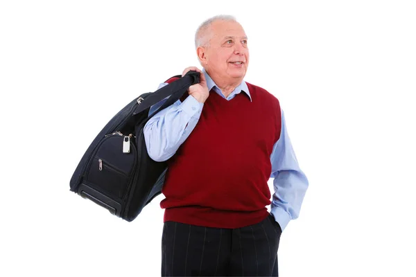 Homem Idoso Feliz Segurando Mala Ombro Coloque Mão Bolso Das — Fotografia de Stock