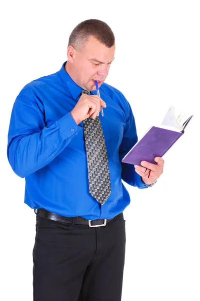 Портрет Мыслящего Бизнесмена Пишущего Своем Органайзере Успешный Бизнесмен Синей Рубашке — стоковое фото