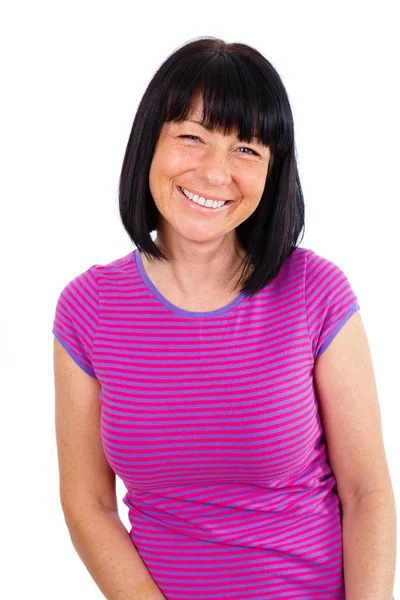 Retrato Hermosas Mujeres Morenas Sonrientes Años Posando Camiseta Color Con —  Fotos de Stock