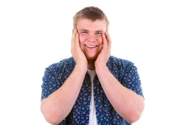 Retrato Primer Plano Joven Guapo Sorprendido Sonriente Con Las Manos —  Fotos de Stock