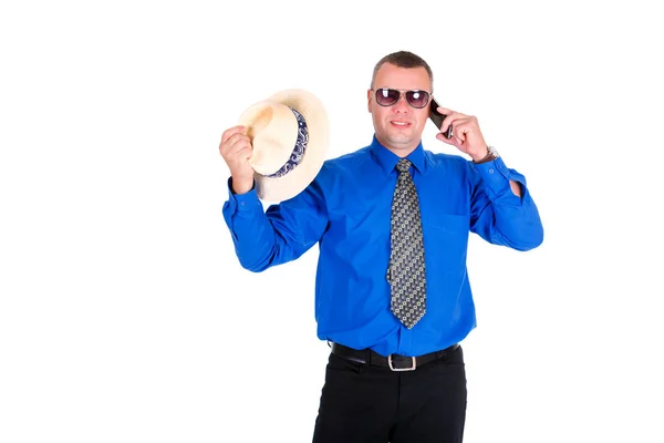 Succesvolle Gelukkige Zakenman Jeans Blauw Overhemd Stropdas Zonnebrillen Vasthouden Van — Stockfoto