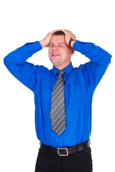 Unavený Rozčilený Obchodník Očima Uzavřenými Džínách Modré Košili Kravatě Držte — Stock fotografie