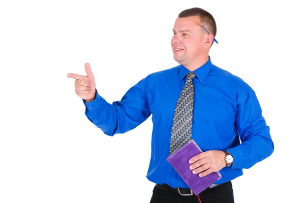 Lachende Business Guy Holding Organisator Succesvolle Zakenman Blauw Overhemd Stropdas — Stockfoto