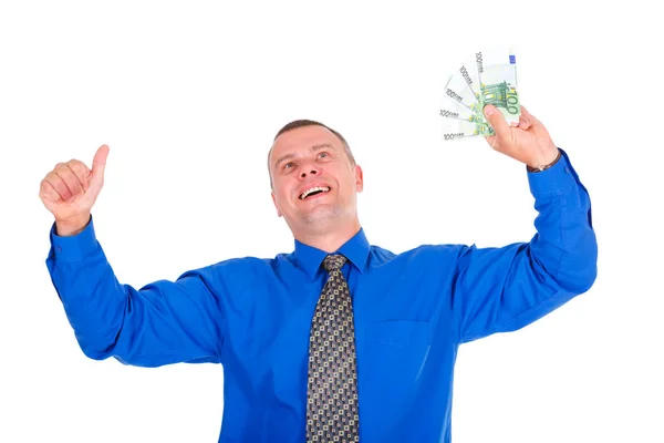 Retrato Homem Negócios Feliz Bem Sucedido Sortudo Jeans Camisa Azul — Fotografia de Stock