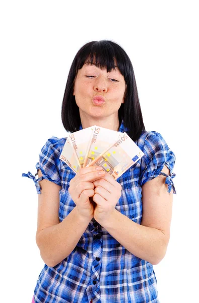 Mulher Feliz Segurando Dinheiro Euro Dinheiro Mão Olhando Para Dinheiro — Fotografia de Stock