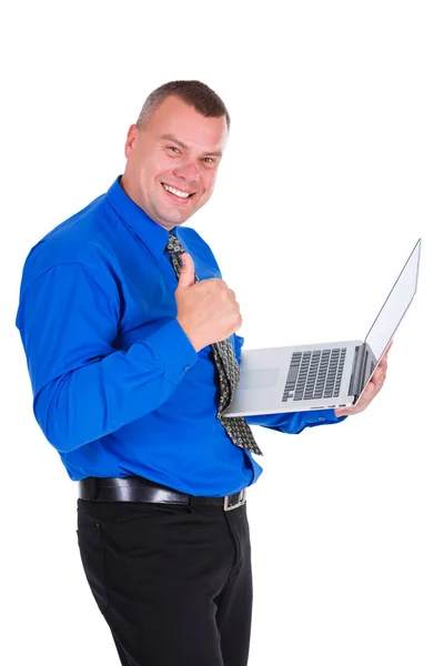 Hombre Negocios Exitoso Sonriente Jeans Camisa Azul Corbata Mantiene Computadora —  Fotos de Stock