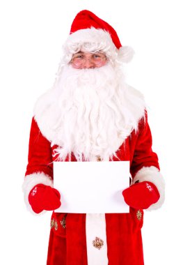 Noel Baba beyaz boş işareti Closeup Portre tutan. Beyaz Arka Planda Yalıtılmış