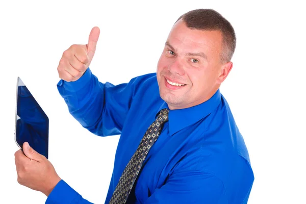Крупним Планом Портрет Усміхнений Бізнесмен Синю Сорочку Краватку Використання Цифрової — стокове фото