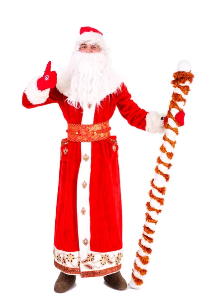 Christmas Santa Claus Tummen Upp Full Längd Porträtt Isolerat Vit — Stockfoto