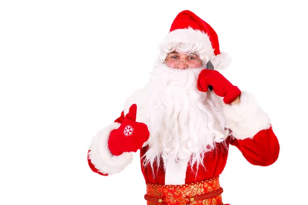 Santa Claus Utilizando Teléfono Inteligente Móvil Mostrar Pulgar Hacia Arriba — Foto de Stock