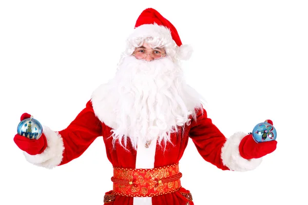 Santa Claus Sosteniendo Bolas Juguetes Navidad Azules Las Manos Primer —  Fotos de Stock