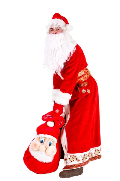 Santa Claus Triste Está Pie Suelo Mantiene Bolsa Regalos Aislado — Foto de Stock