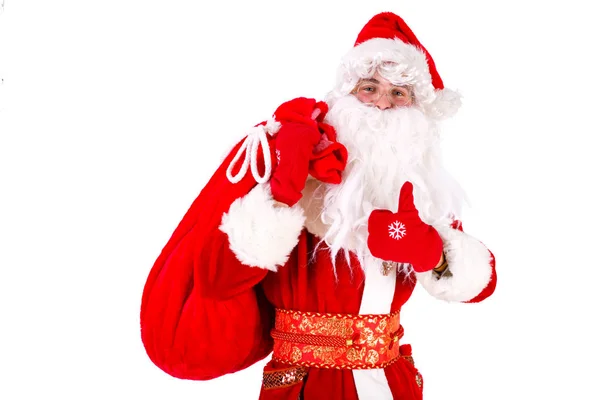 Santa Claus Vstal Bílém Pozadí Pytlem Plným Dárků Zobrazit Palec — Stock fotografie