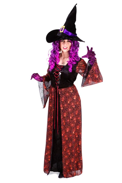 Młoda Dama Ubrana Halloween Witch Costum Carnaval Pokaż Emocje Czarownica — Zdjęcie stockowe