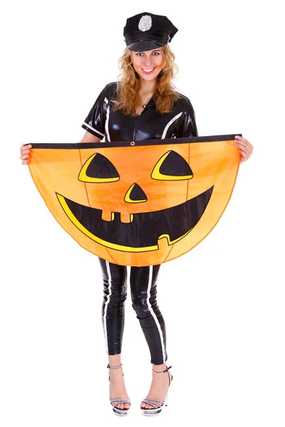 Fiatal Hölgy Öltözött Halloween Rendőrség Jelmeze Carnaval Show Érzelmek Tartsuk — Stock Fotó
