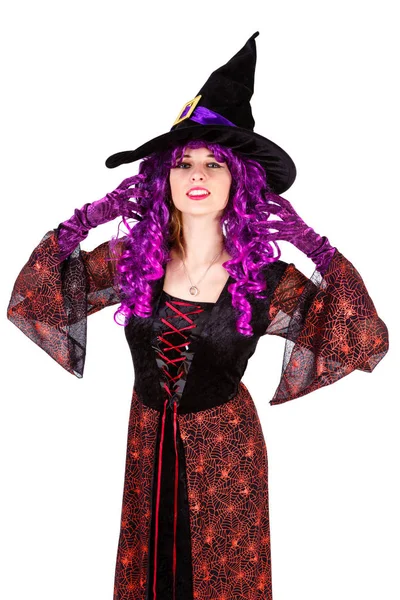 Fiatal Hölgy Öltözött Halloween Boszorkány Jelmeze Carnaval Show Érzelmek Boszorkány — Stock Fotó