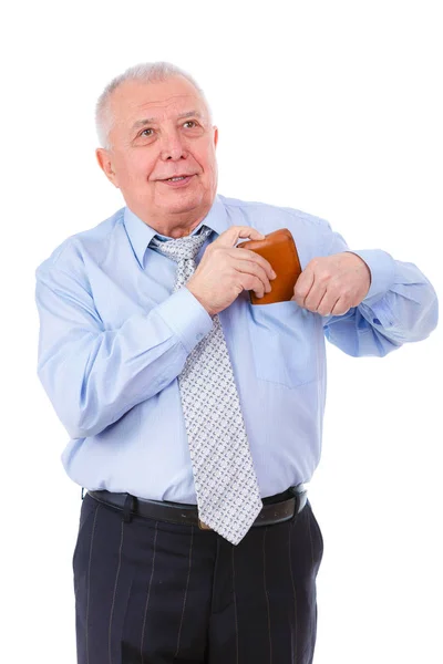 Happy Old Senior Businessman Tie Put Leather Wallet Pocket Shirt — Stock Photo, Image