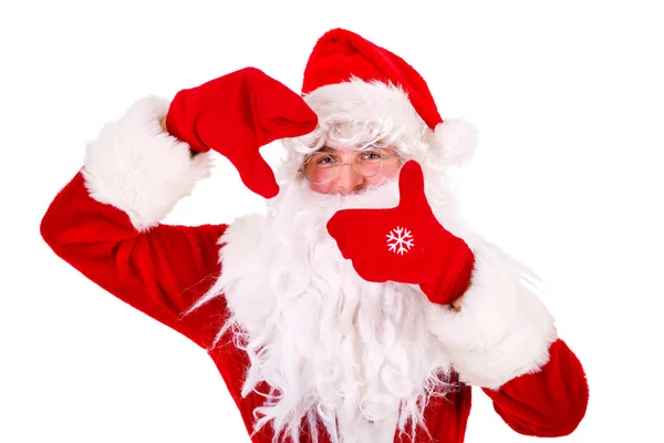 Santa Claus Dělal Rám Rukou Closeup Portrét Izolovaný Bílém Pozadí Stock Snímky