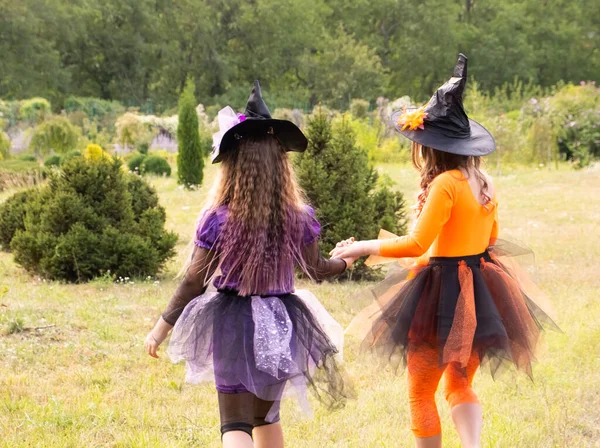 Két boszorkányjelmezes lány sétál át a gyepen. visszapillantás. — Stock Fotó