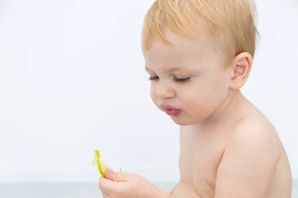 赤ちゃんの男の子は新しい食べ物を試して試食します。食事、ベジタリアン、健康的な栄養の概念. — ストック写真