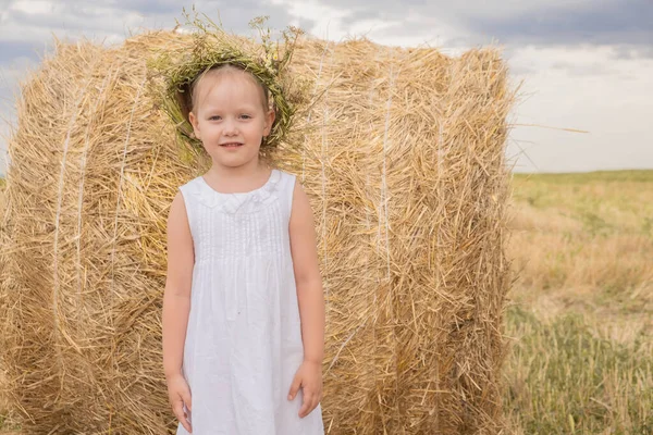 Маленькая блондинка в белом хлопковом платье с венком в поле. — стоковое фото