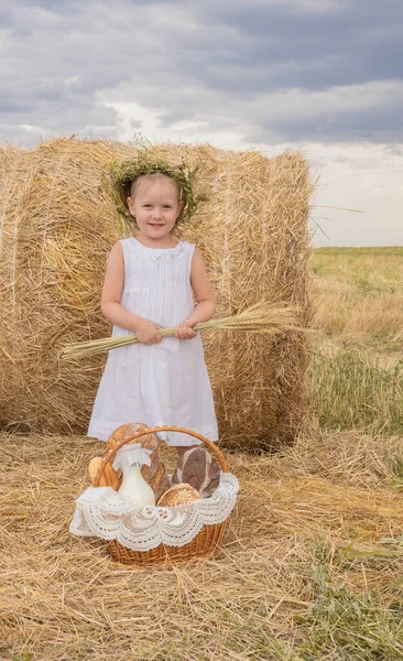 Маленькая блондинка с венком на голове держит букет пшеницы в поле. — стоковое фото