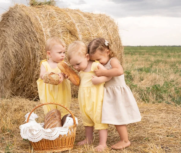 Два блондина и девочка в сене с корзиной хлеба. — стоковое фото