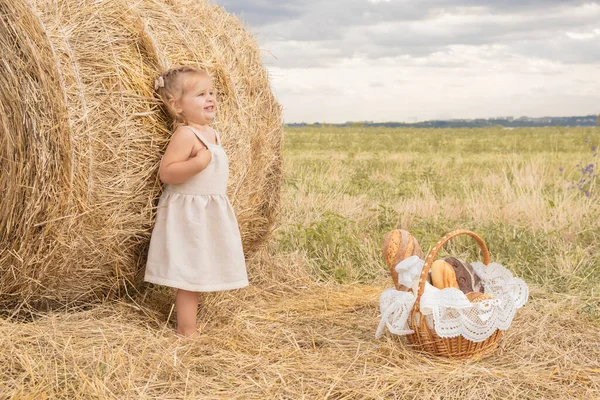 Светловолосая девочка в льняном платье на поле сена с корзиной хлеба и молока. — стоковое фото
