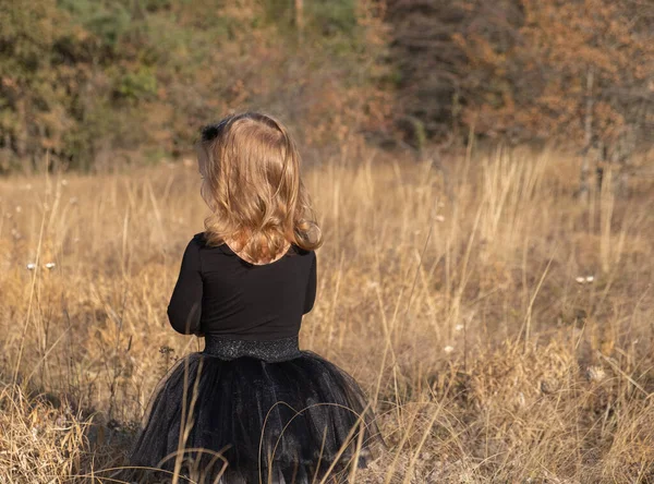 Μωρό παιδί ξανθό κορίτσι στέκεται πίσω στο πεδίο με ξηρό γρασίδι φθινόπωρο. — Φωτογραφία Αρχείου