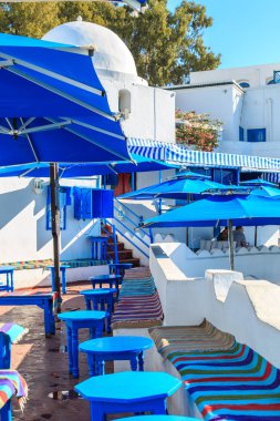Ünlü kafede Sidi Bou Said. Sidi Bou SUID, Tunus - 22 Kasım 2017.