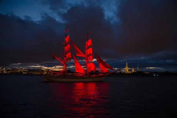 Brig with scarlet sails on the river Neva.