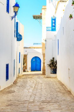 Beyaz-mavi şehir Sidi Bou Said, Tunus. Fransız tılsımlı Doğu Masalı.