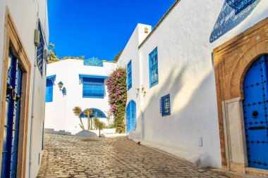 Beyaz-mavi şehir Sidi Bou Said, Tunus. Fransız tılsımlı Doğu Masalı.