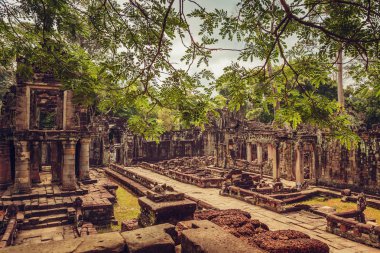 Antik ve görkemli tapınak Preah Khan'ın. Büyük Daire Angkor, Siem Reap, Kamboçya.