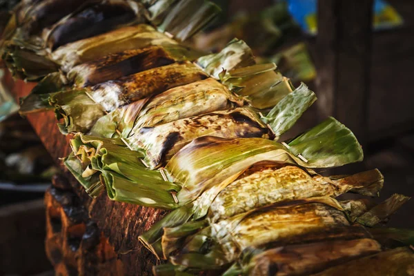 Arroz Frito Hojas Plátano Mercado Callejero Comida Camboyana Real — Foto de Stock