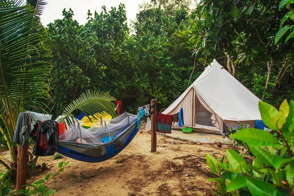 Acampamento Turístico Floresta Tropical Conceito Viagem Turismo Sobrevivência — Fotografia de Stock