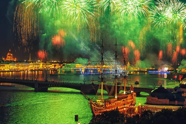 Festive fireworks in St. Petersburg. Scarlet Sails celebration in St Petersburg.