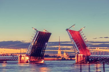 Palace Bridge ve Peter ve Paul Katedrali açın. Beyaz gece St. Petersburg.