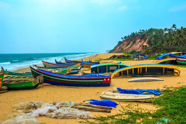 Barcos Multicolores Pueblo Pescadores Varkala Estado Kerala Sur India Marzo — Foto de Stock