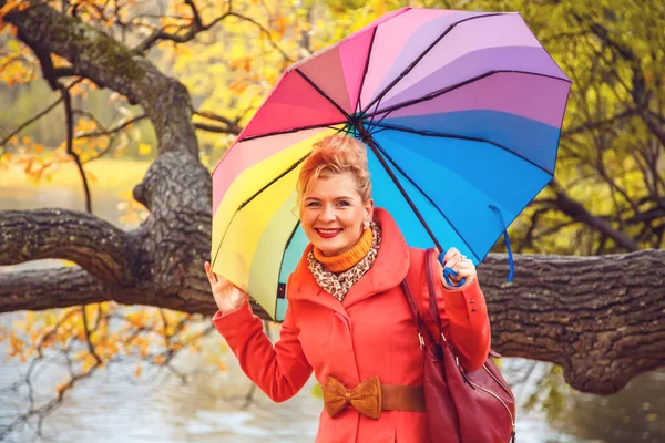 Joyful Blonde Woman Umbrella Autumn Park — Stock Photo, Image