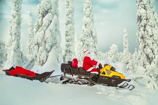 正宗的圣诞老人正骑着雪地车穿过冬季森林 壮观的雪覆盖的风景 — 图库照片