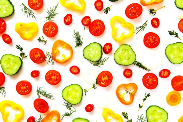 Collection Sliced Vegetables Herbs White Background — Stock Photo, Image