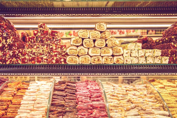 Sweets in the Turkish market. Istanbul, Turkey - September 28, 2018.