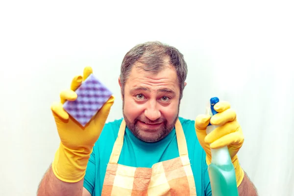 Emotional Bearded Man Holding Sponge Cleaning Agent White Background — Stock Photo, Image