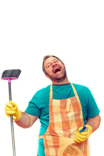 Emotional Bearded Man Holding Broom Isolated White — Stock Photo, Image