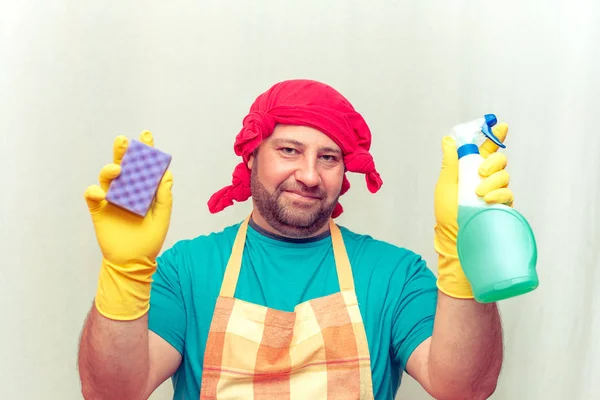 Emotional Bearded Man Holding Sponge Cleaning Agent White Background — Stock Photo, Image