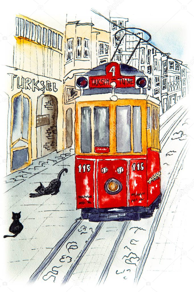 Nostalgic red retro tram on famous Istiklal street.