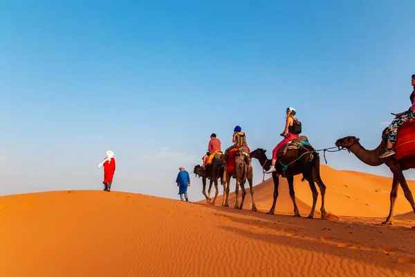 Caravana de camelo ao pôr do sol no deserto do Saara . — Fotografia de Stock